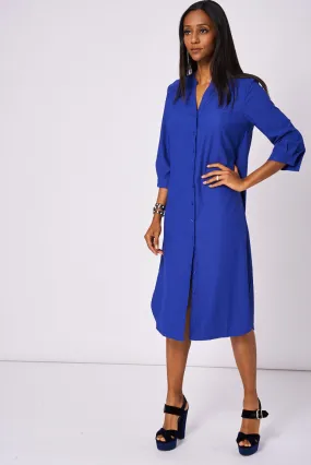 Blue Button Front Long Dress Available In Plus Size