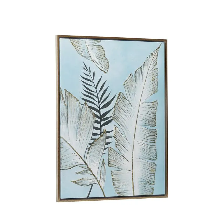 BLUE CANVAS LEAF HANDMADE TROPICAL FRAMED WALL ART WITH GOLD FRAM