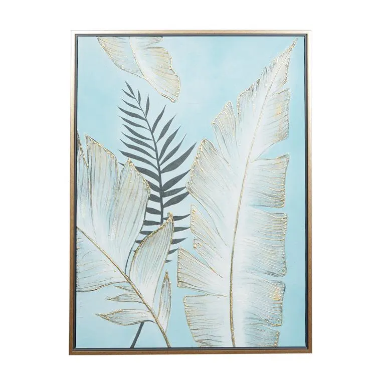 BLUE CANVAS LEAF HANDMADE TROPICAL FRAMED WALL ART WITH GOLD FRAM