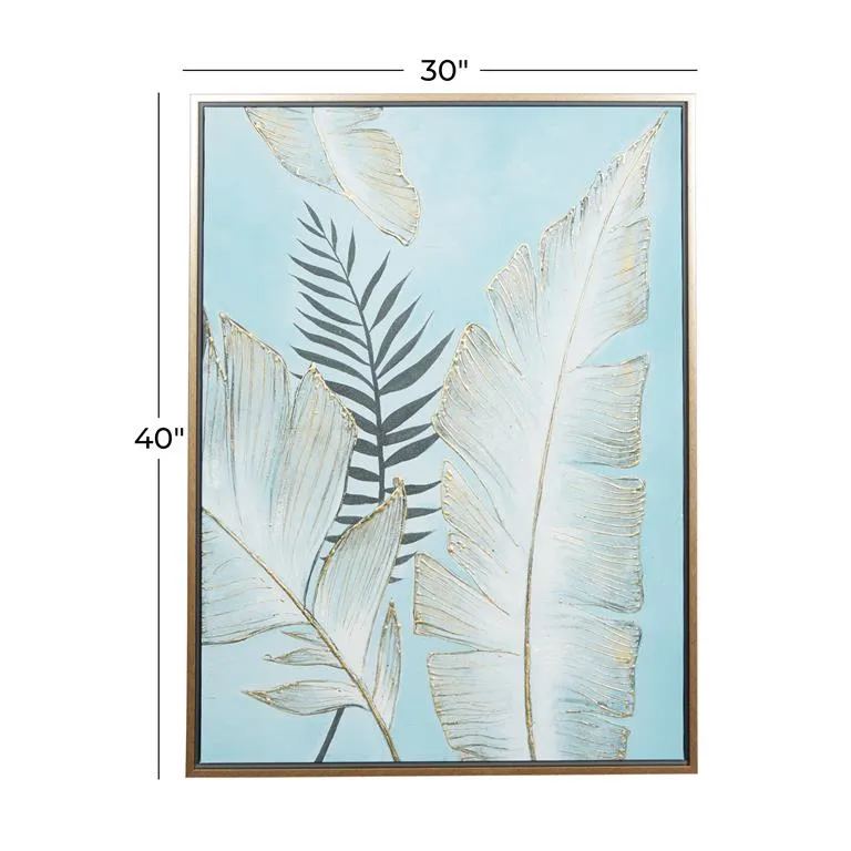 BLUE CANVAS LEAF HANDMADE TROPICAL FRAMED WALL ART WITH GOLD FRAM