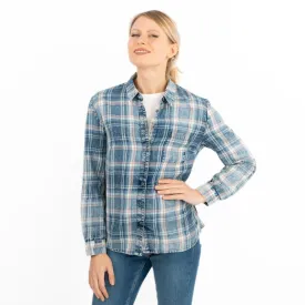 Blue Denim Check Women's Shirts Long Sleeve Button Up Tops