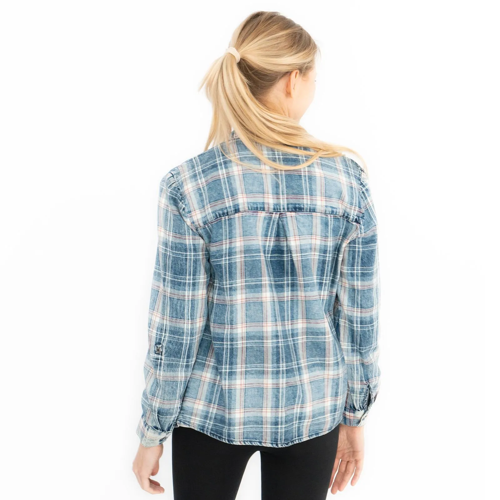 Blue Denim Check Women's Shirts Long Sleeve Button Up Tops