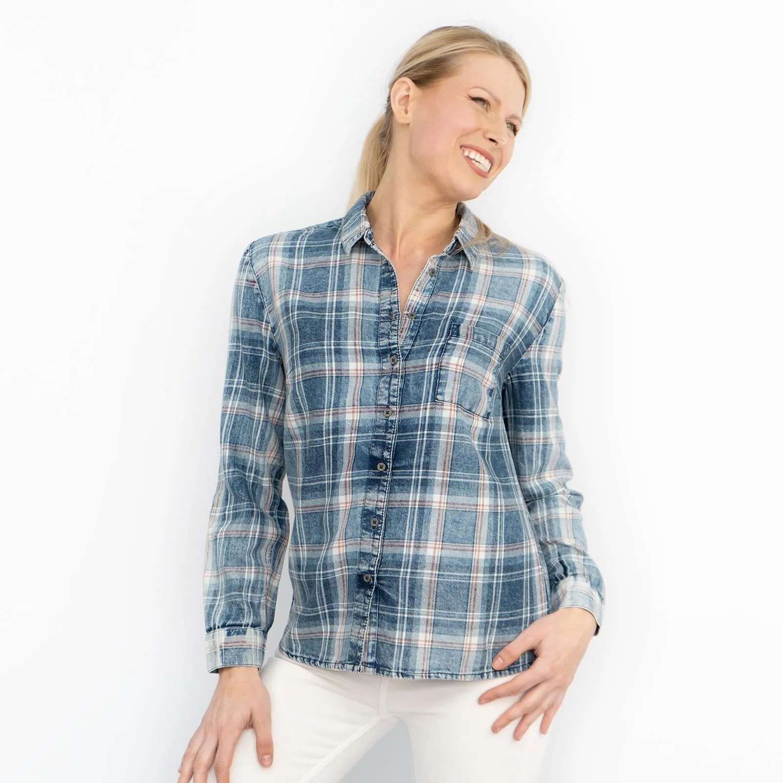 Blue Denim Check Women's Shirts Long Sleeve Button Up Tops