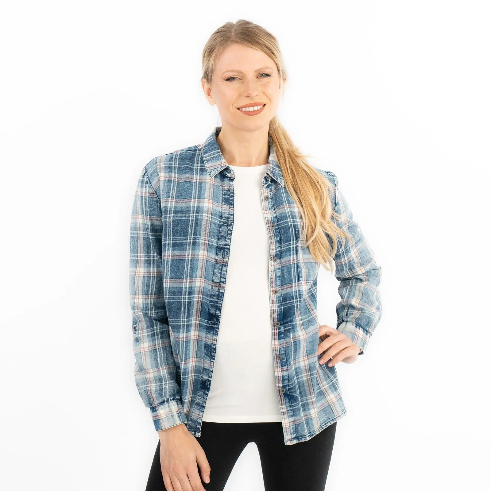 Blue Denim Check Women's Shirts Long Sleeve Button Up Tops