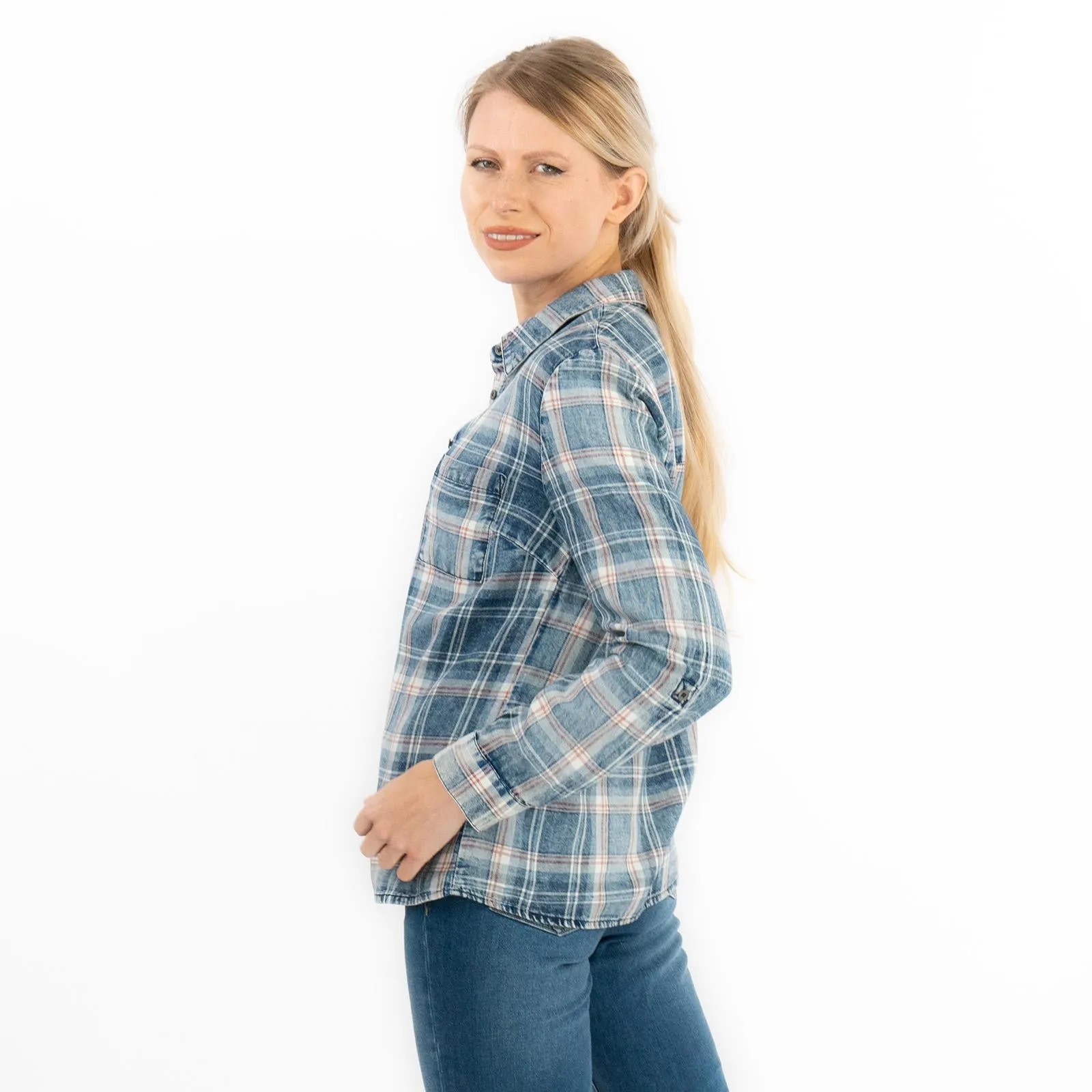 Blue Denim Check Women's Shirts Long Sleeve Button Up Tops