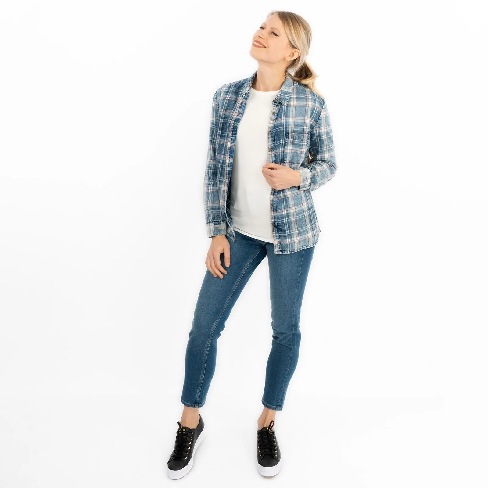 Blue Denim Check Women's Shirts Long Sleeve Button Up Tops