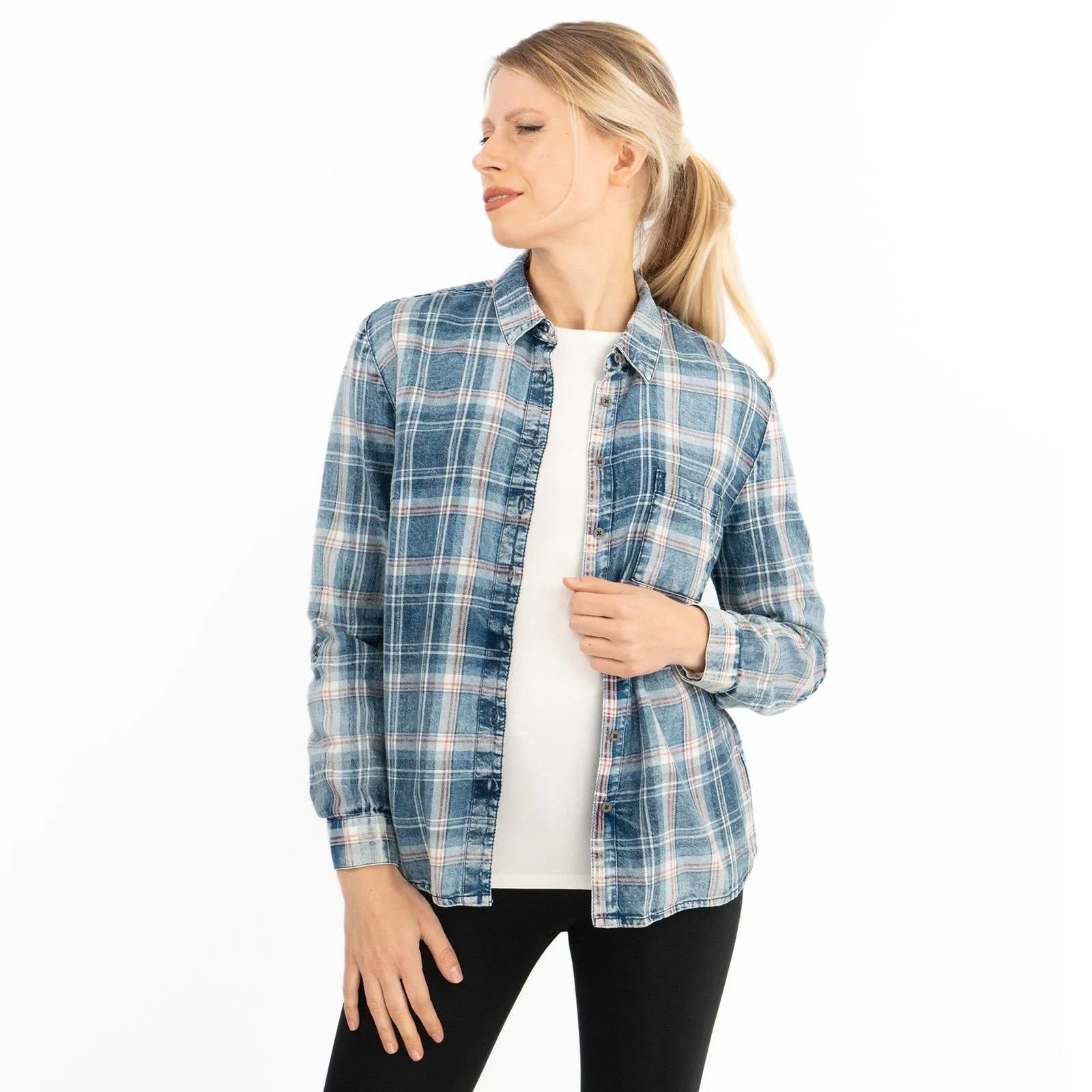 Blue Denim Check Women's Shirts Long Sleeve Button Up Tops