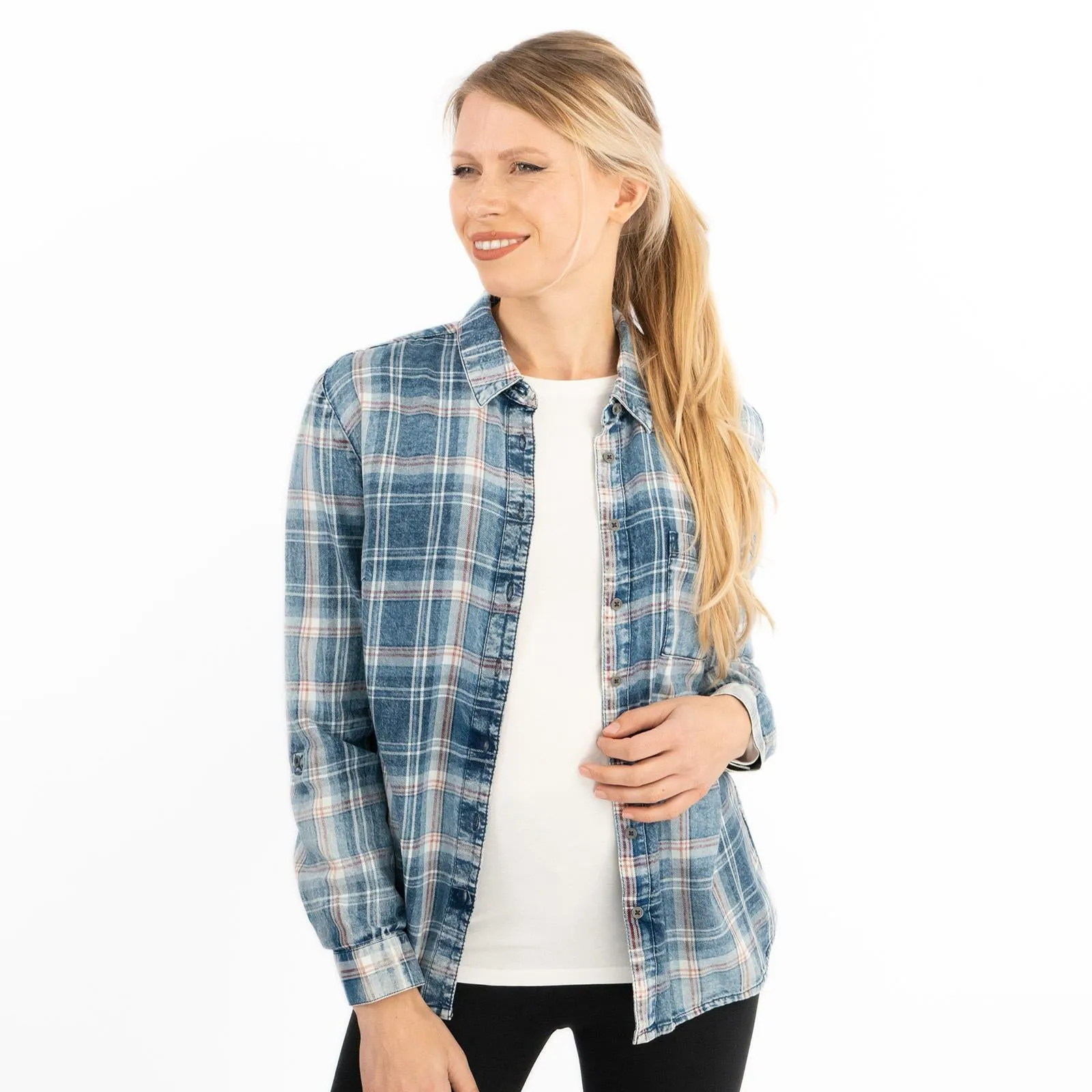 Blue Denim Check Women's Shirts Long Sleeve Button Up Tops