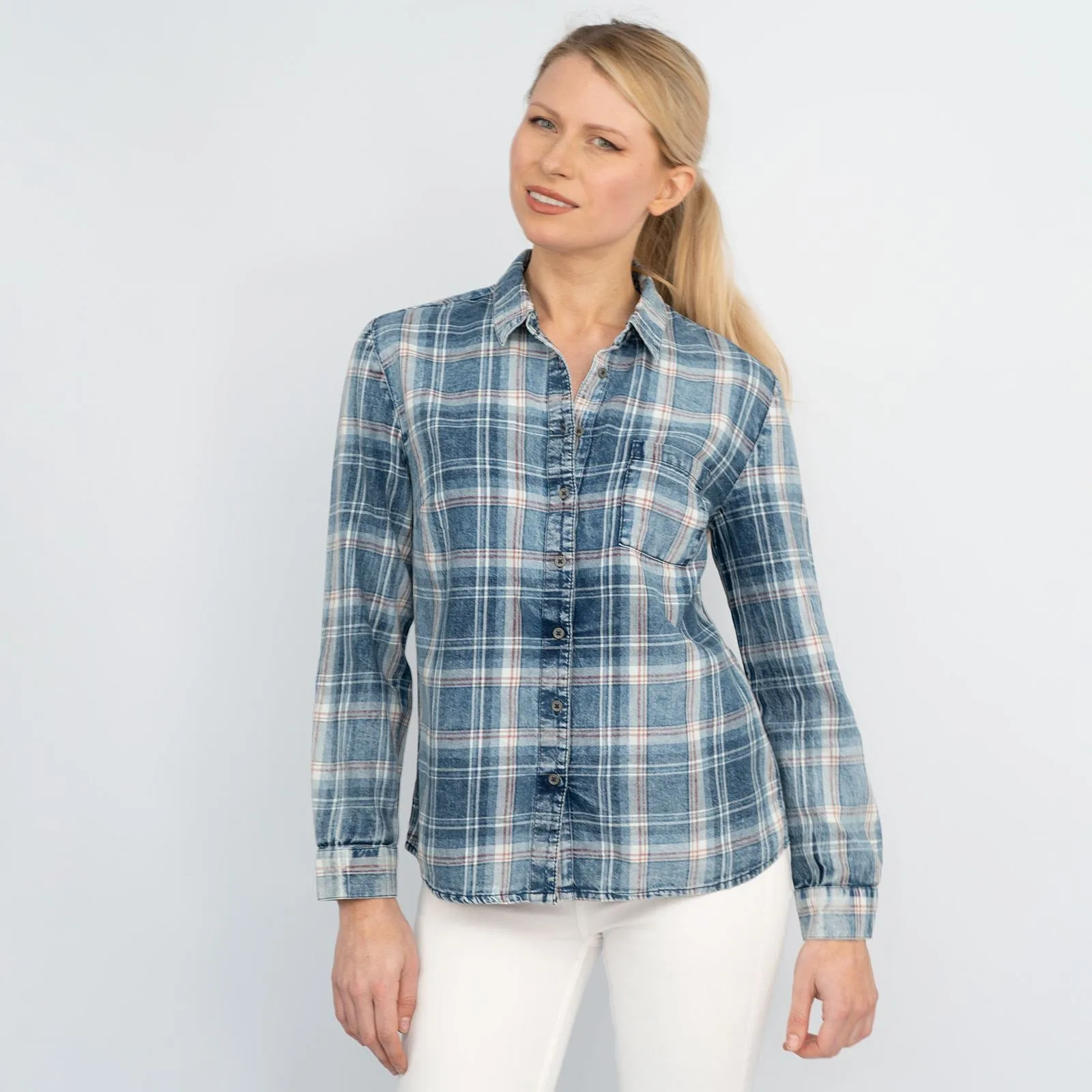 Blue Denim Check Women's Shirts Long Sleeve Button Up Tops