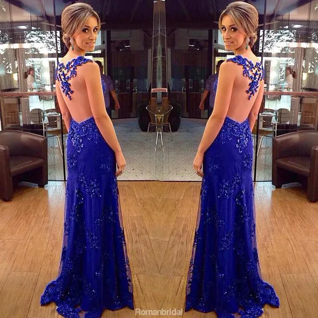 Blue Lace Mermaid See-through Back Most Popular Prom Dress, Formal Party Dress, NDPD0001