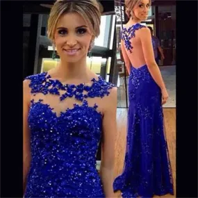 Blue Lace Mermaid See-through Back Most Popular Prom Dress, Formal Party Dress, NDPD0001