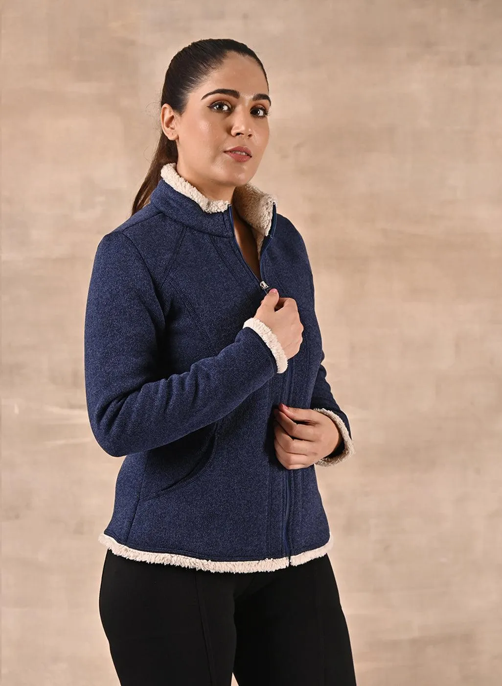 Blue Zip-front High-neck Fleece Jacket with Pockets