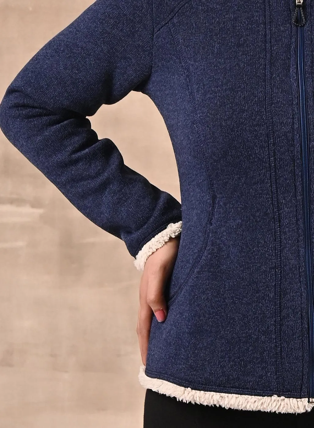 Blue Zip-front High-neck Fleece Jacket with Pockets