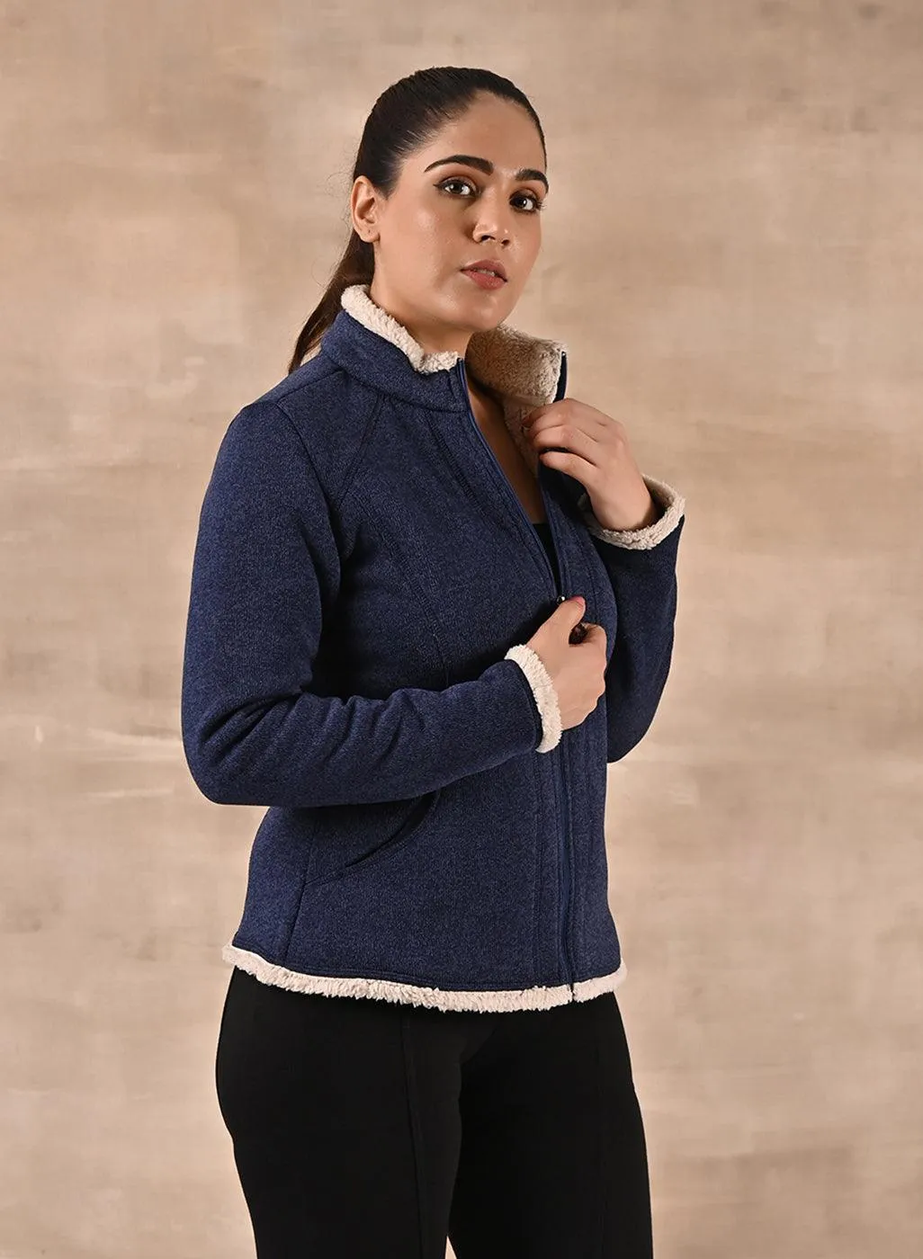 Blue Zip-front High-neck Fleece Jacket with Pockets