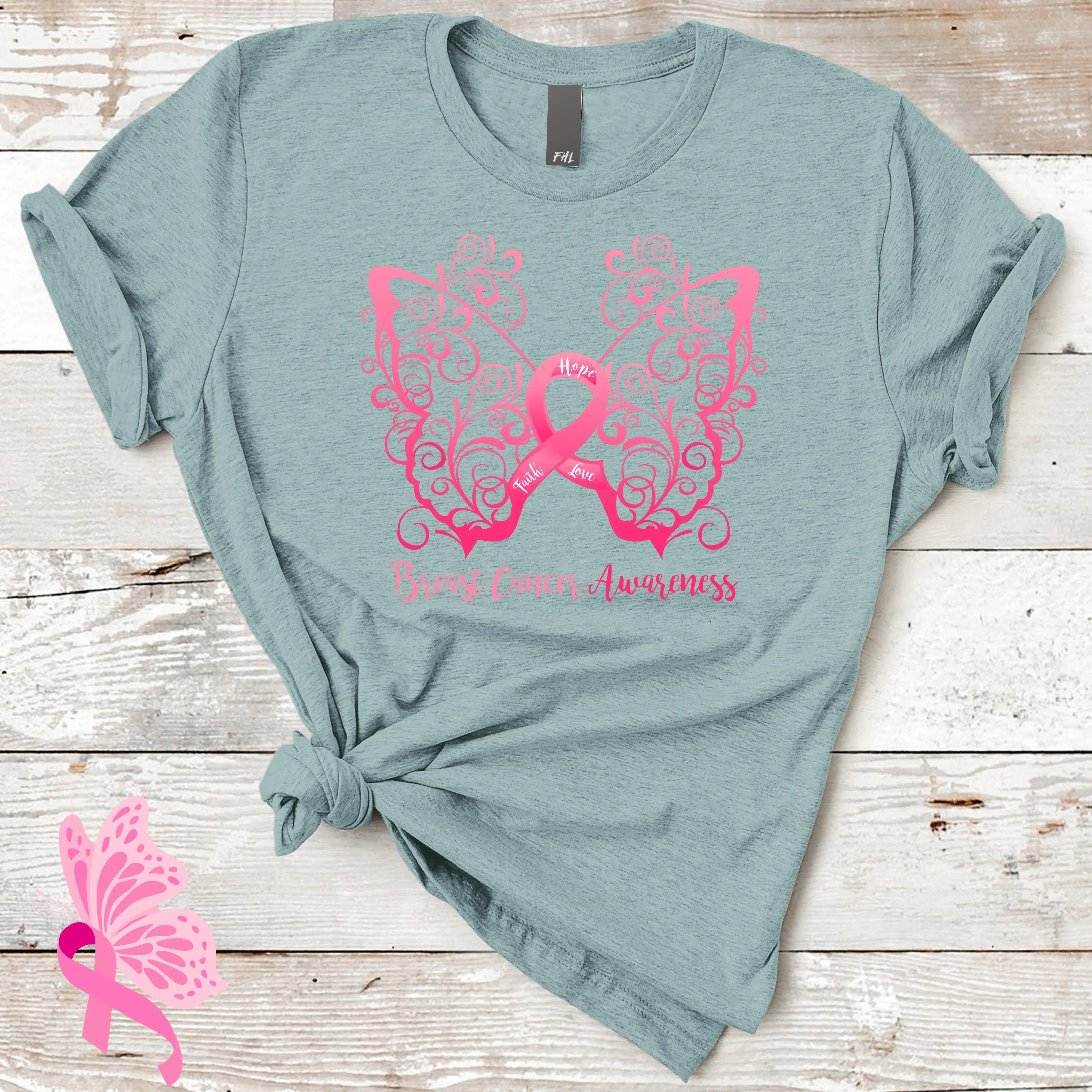 Breast Cancer Awareness Filigree Butterfly T-Shirt (Heather Prism Dusty Blue)