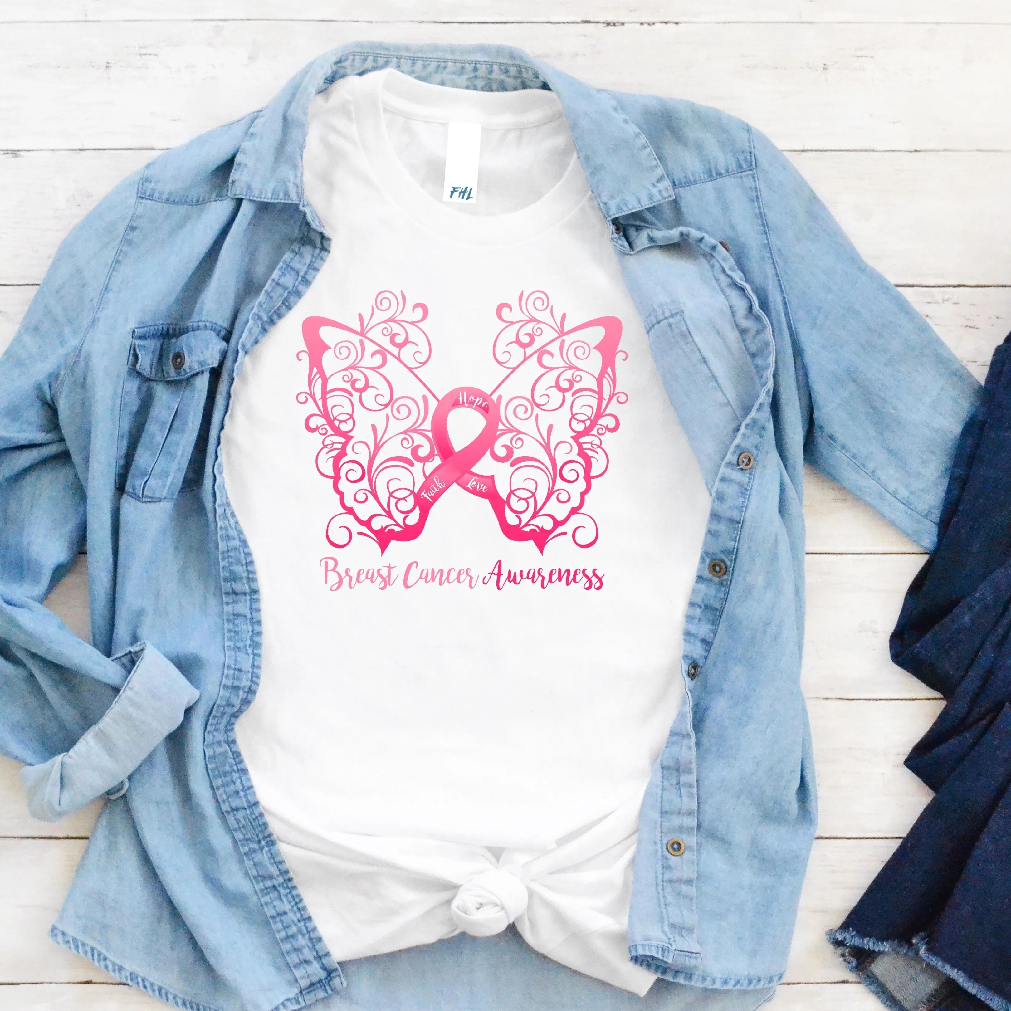 Breast Cancer Awareness Filigree Butterfly T-Shirt - Light Colors