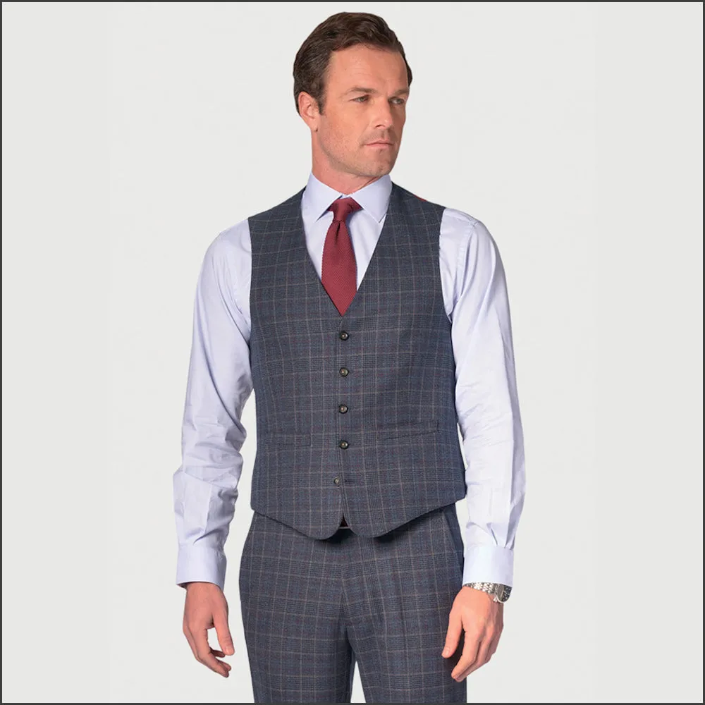 BROOK TAVERNER Blue POW with Wine Overcheck Suit Waistcoat-