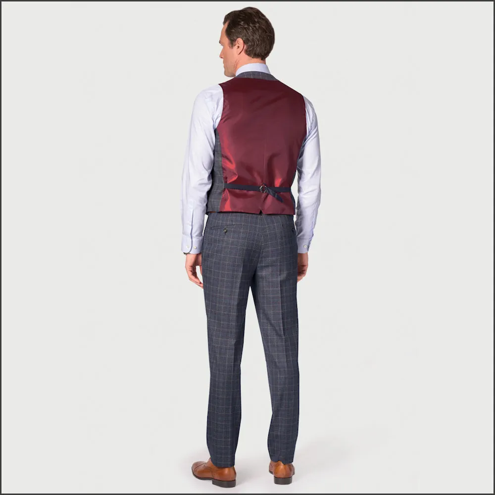 BROOK TAVERNER Blue POW with Wine Overcheck Suit Waistcoat-