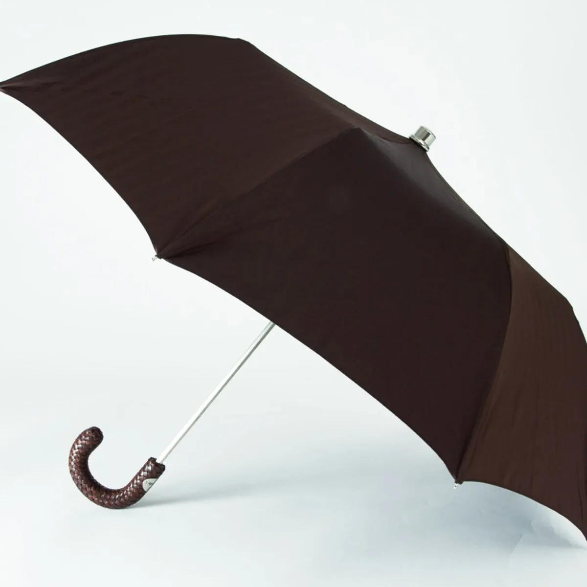 Brown Herringbone Canopy Travel Umbrella Woven Leather Handle