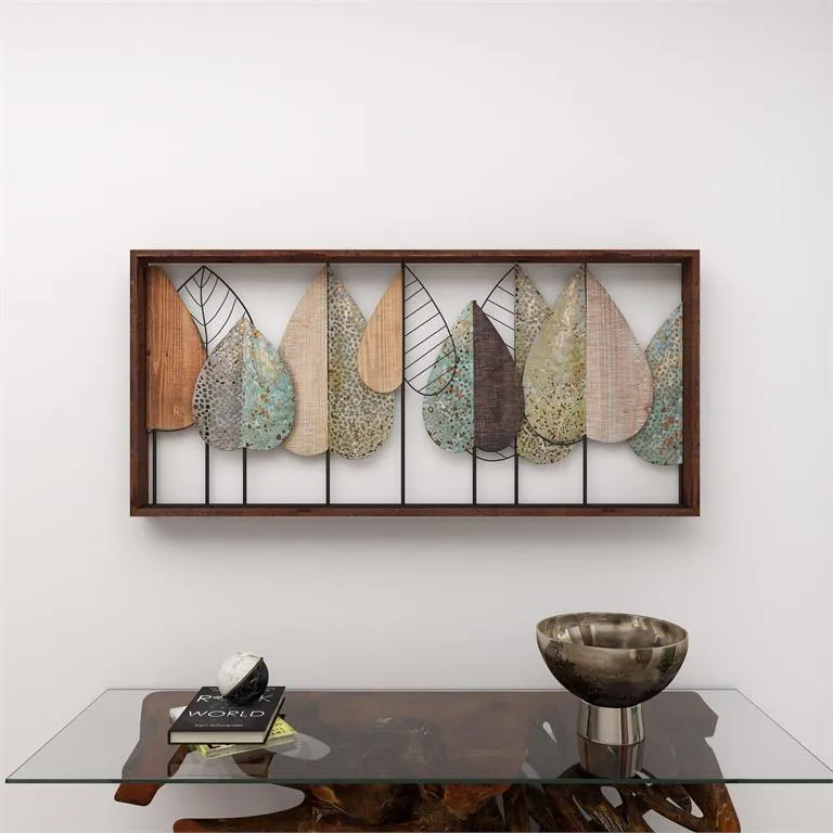 BROWN METAL LEAF VARYING TEXTURE WALL DECOR WITH WOOD FRAME,