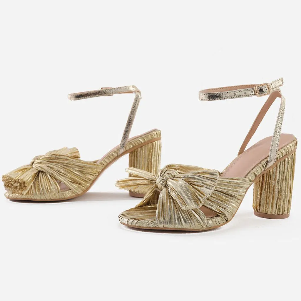 Butterfly Bow Trim Block Heel Peep Toe Pleated Sandals - Gold