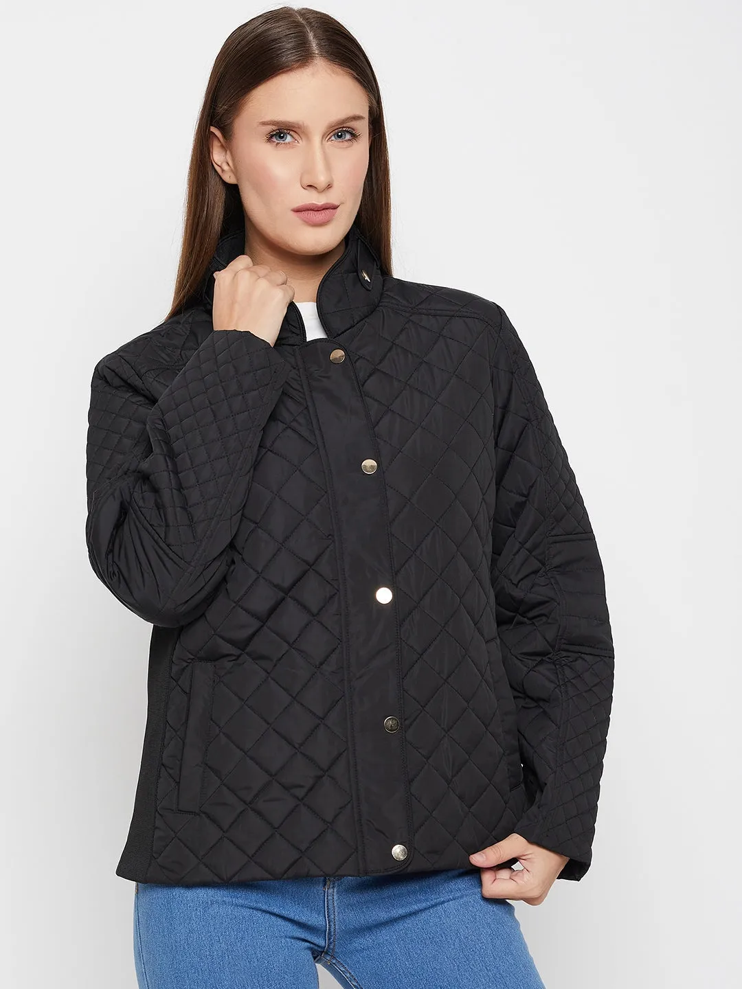 Cantabil Black Full Sleeves Mock Collar Quilted Casual Jacket For Women