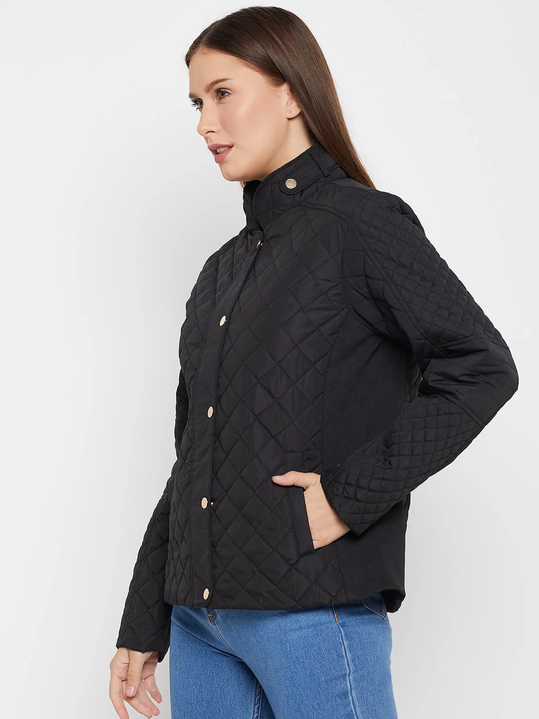 Cantabil Black Full Sleeves Mock Collar Quilted Casual Jacket For Women