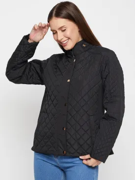 Cantabil Black Full Sleeves Mock Collar Quilted Casual Jacket For Women