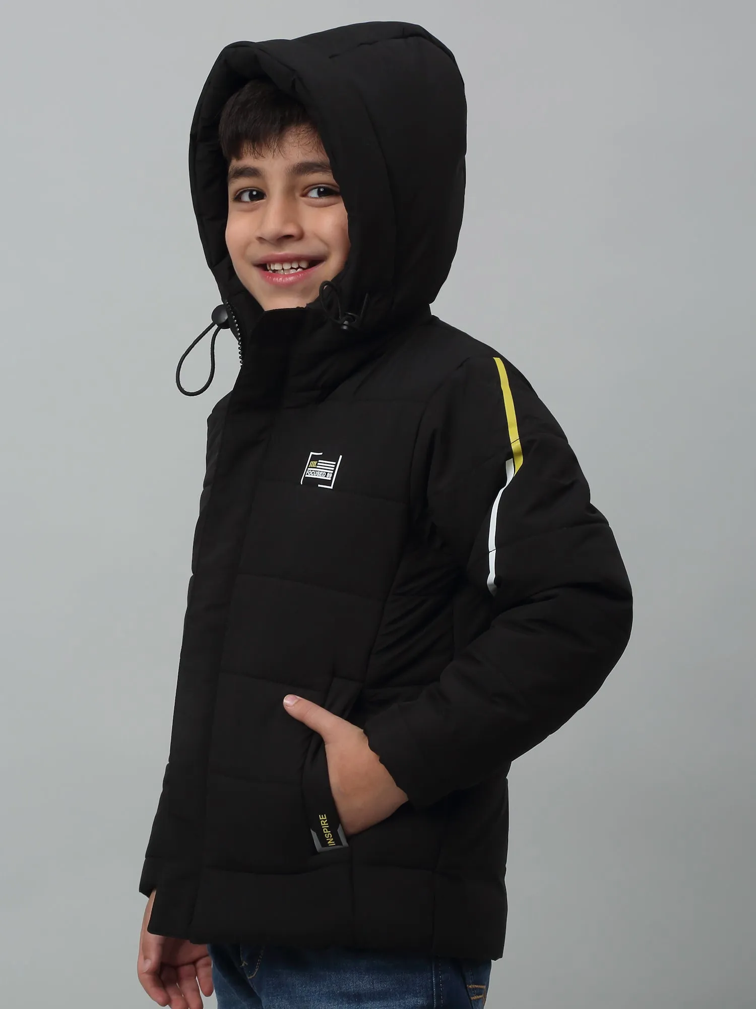 Cantabil Boys Black Hooded Neck Solid Casual Jacket For Winter