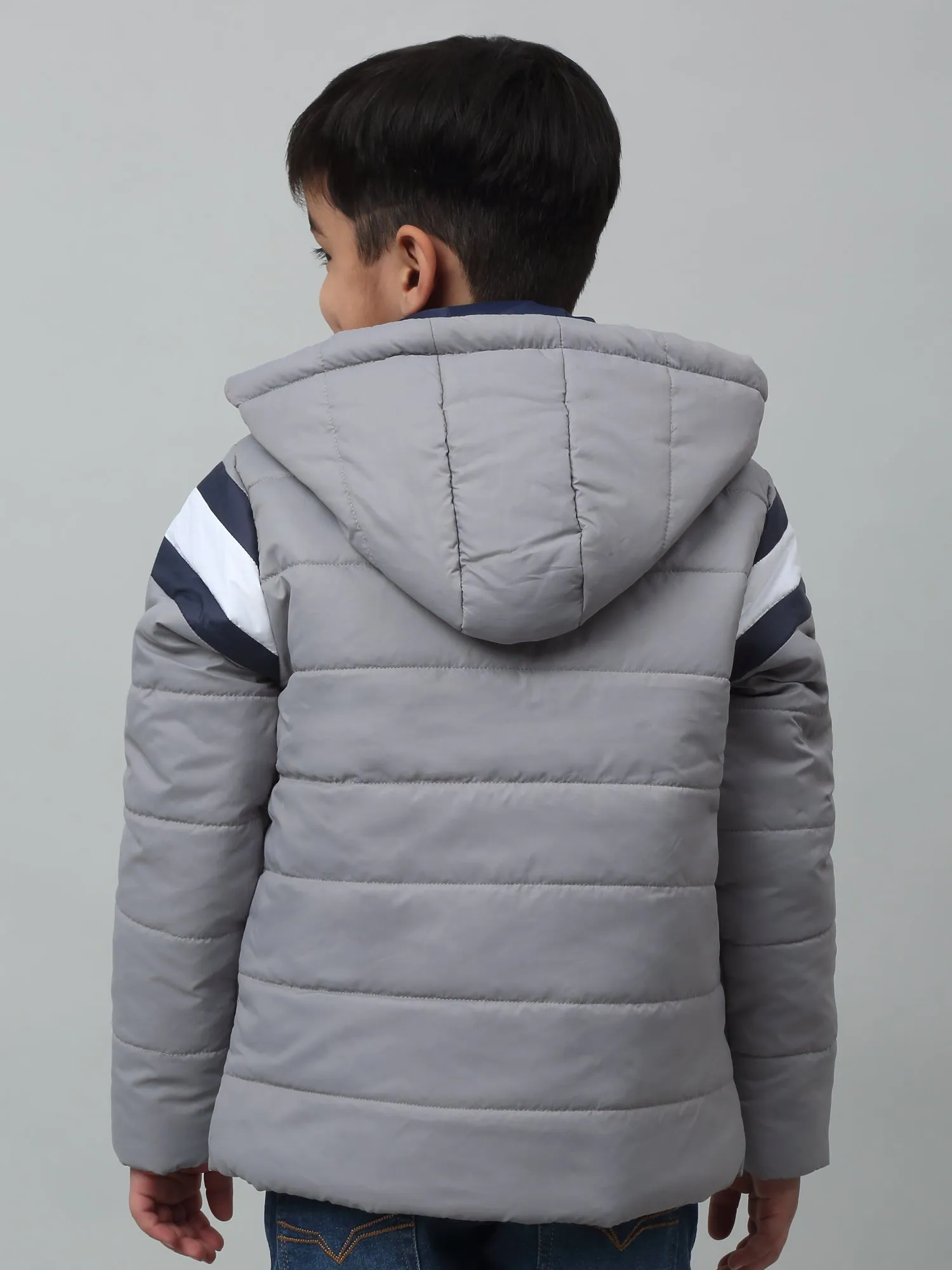 Cantabil Boys Grey Hooded Neck Colour Blocked Casual Jacket For Winter