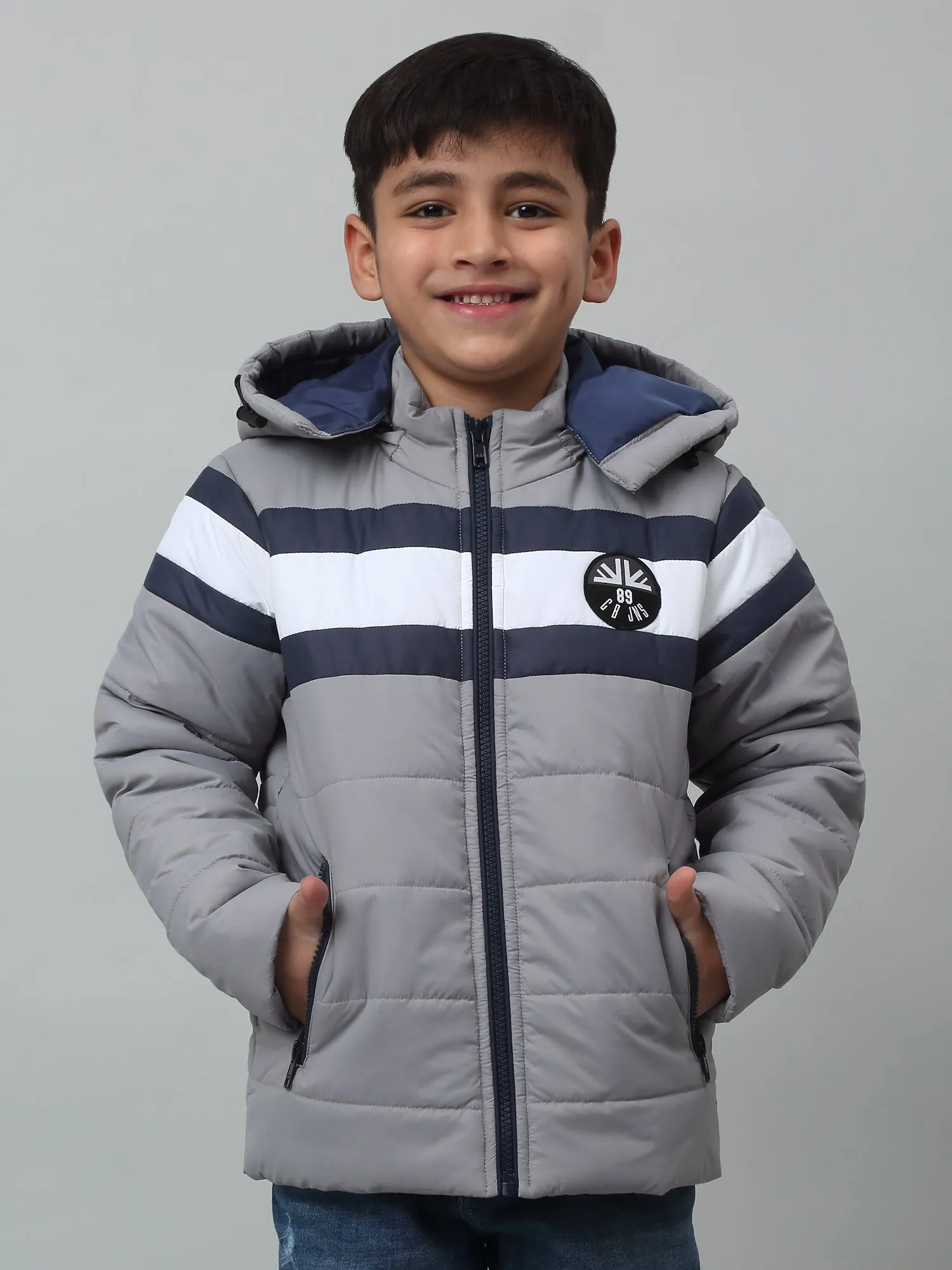 Cantabil Boys Grey Hooded Neck Colour Blocked Casual Jacket For Winter