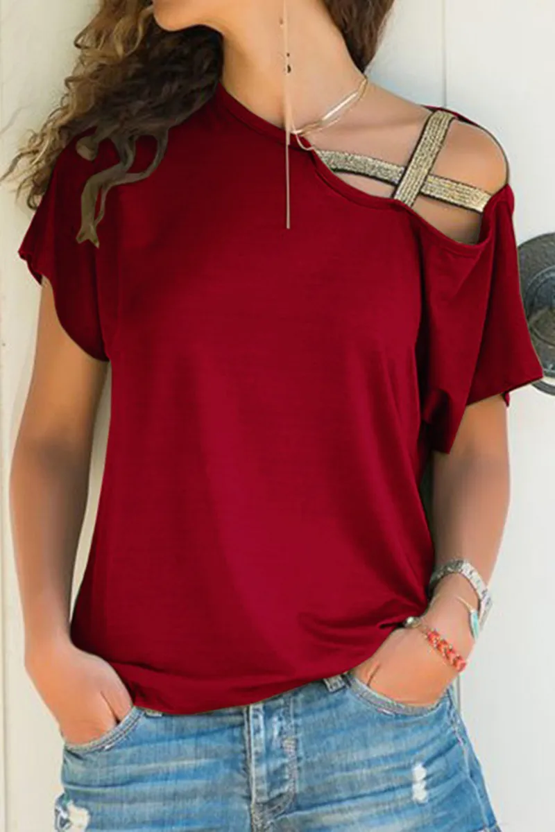 Casual Solid Oblique Collar T-Shirts