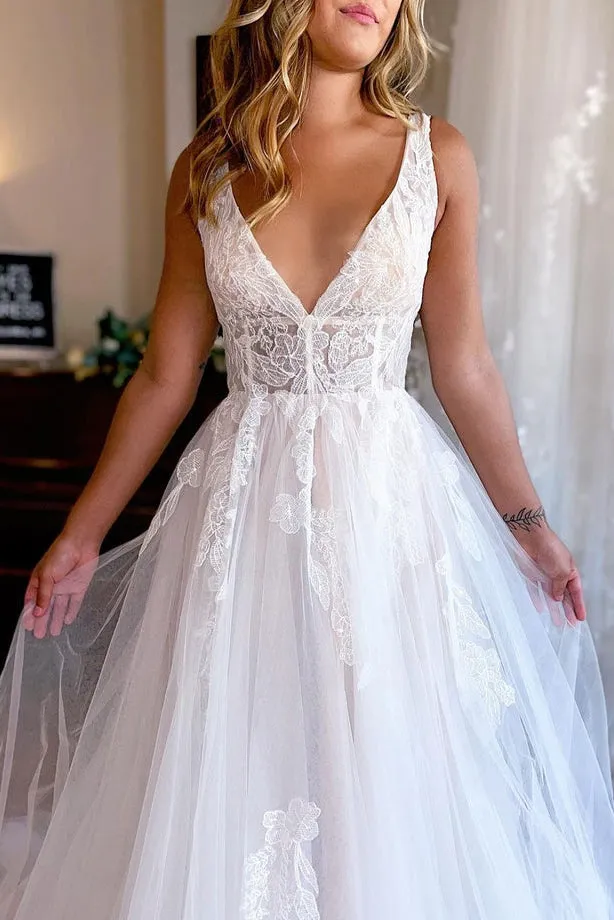 Charming A Line V Neck Tulle Beach Wedding Dresses with Appliques N105