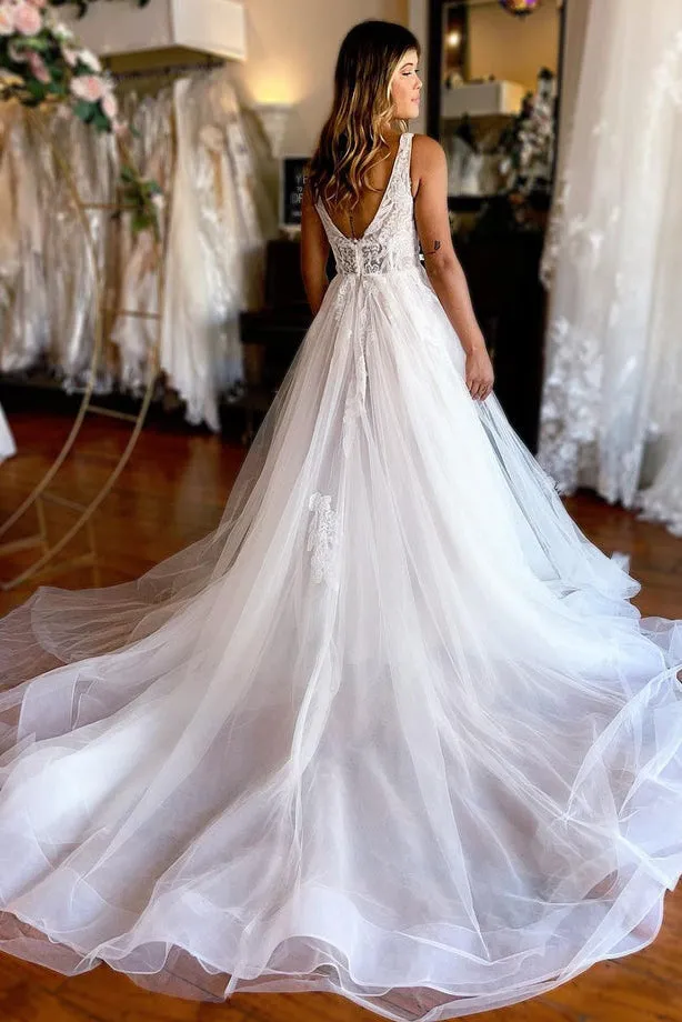 Charming A Line V Neck Tulle Beach Wedding Dresses with Appliques N105