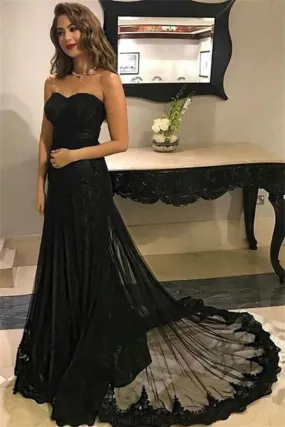 Charming Black Sweetheart Lace Tulle Long Simple Prom Dress Z0961