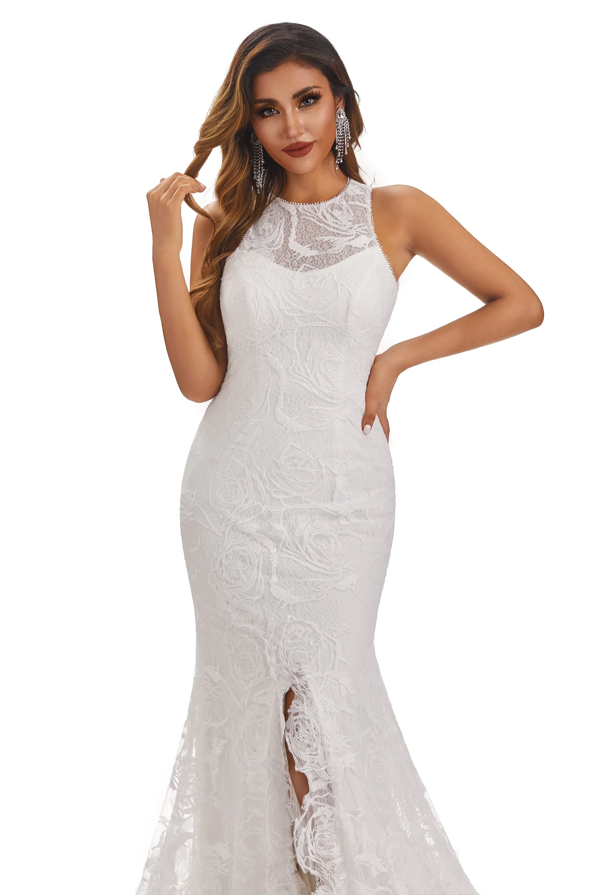 Charming Mermaid Bateau Sleeveless Wedding Dress With Lace Appliques