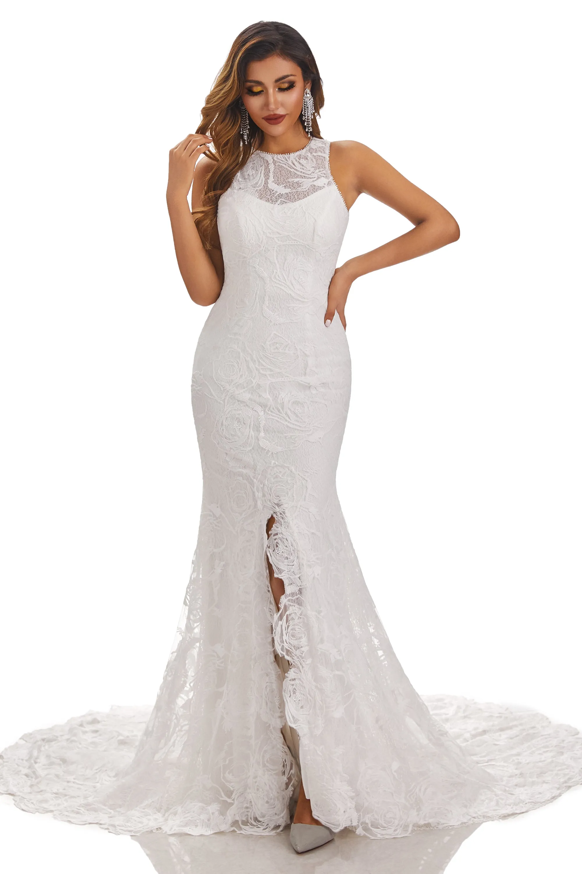 Charming Mermaid Bateau Sleeveless Wedding Dress With Lace Appliques