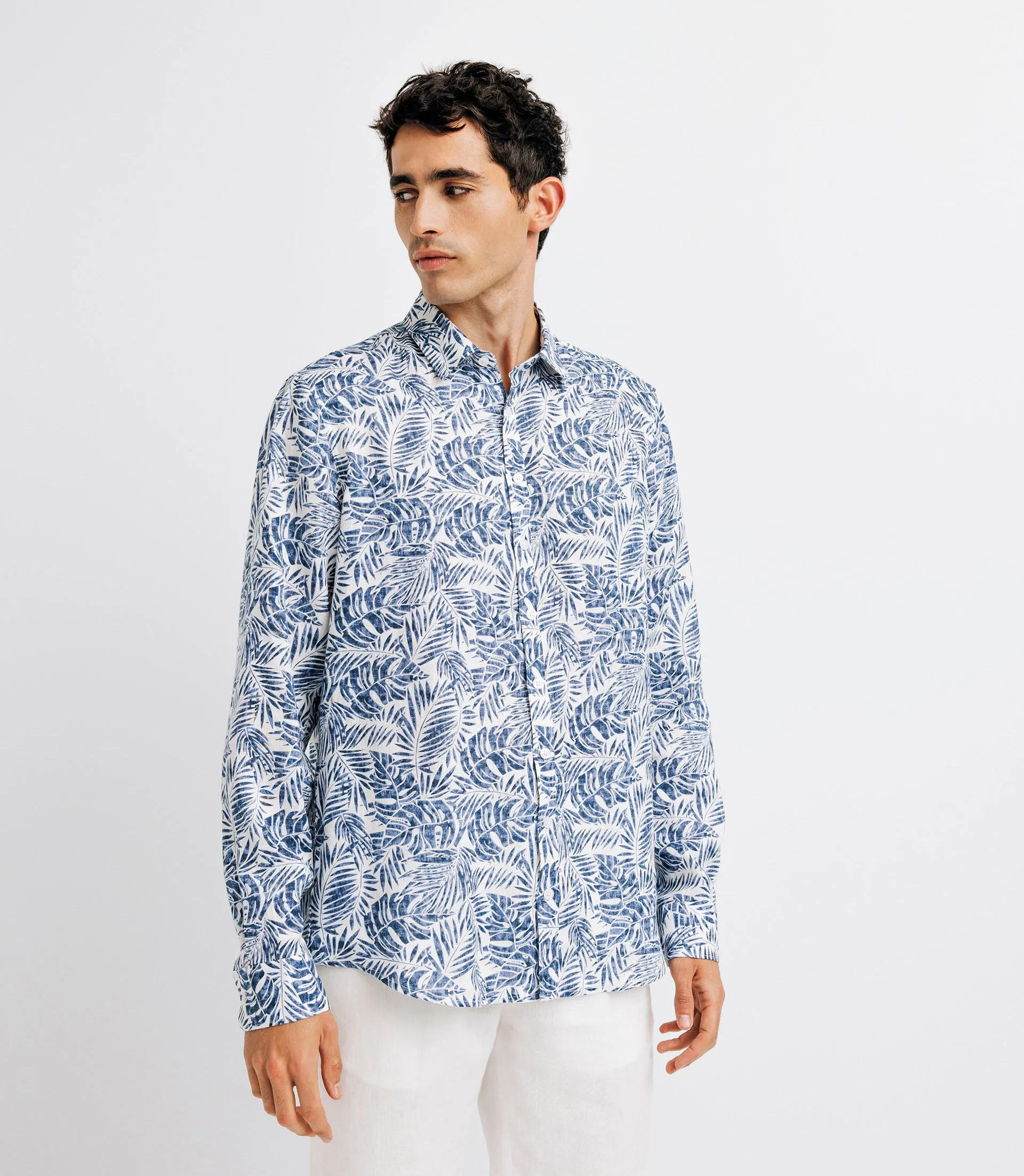 Chemise casual en lin imprimée bleue