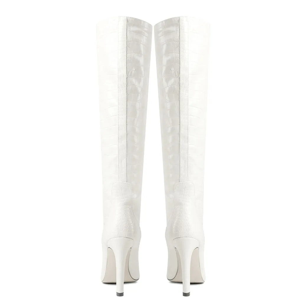 Chic Croc Effect Faux Leather Pointed Toe Knee High Stiletto Boots - Off White