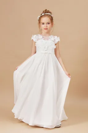 Chiffon A-line Ivory Appliques Long Flower Girl Dress