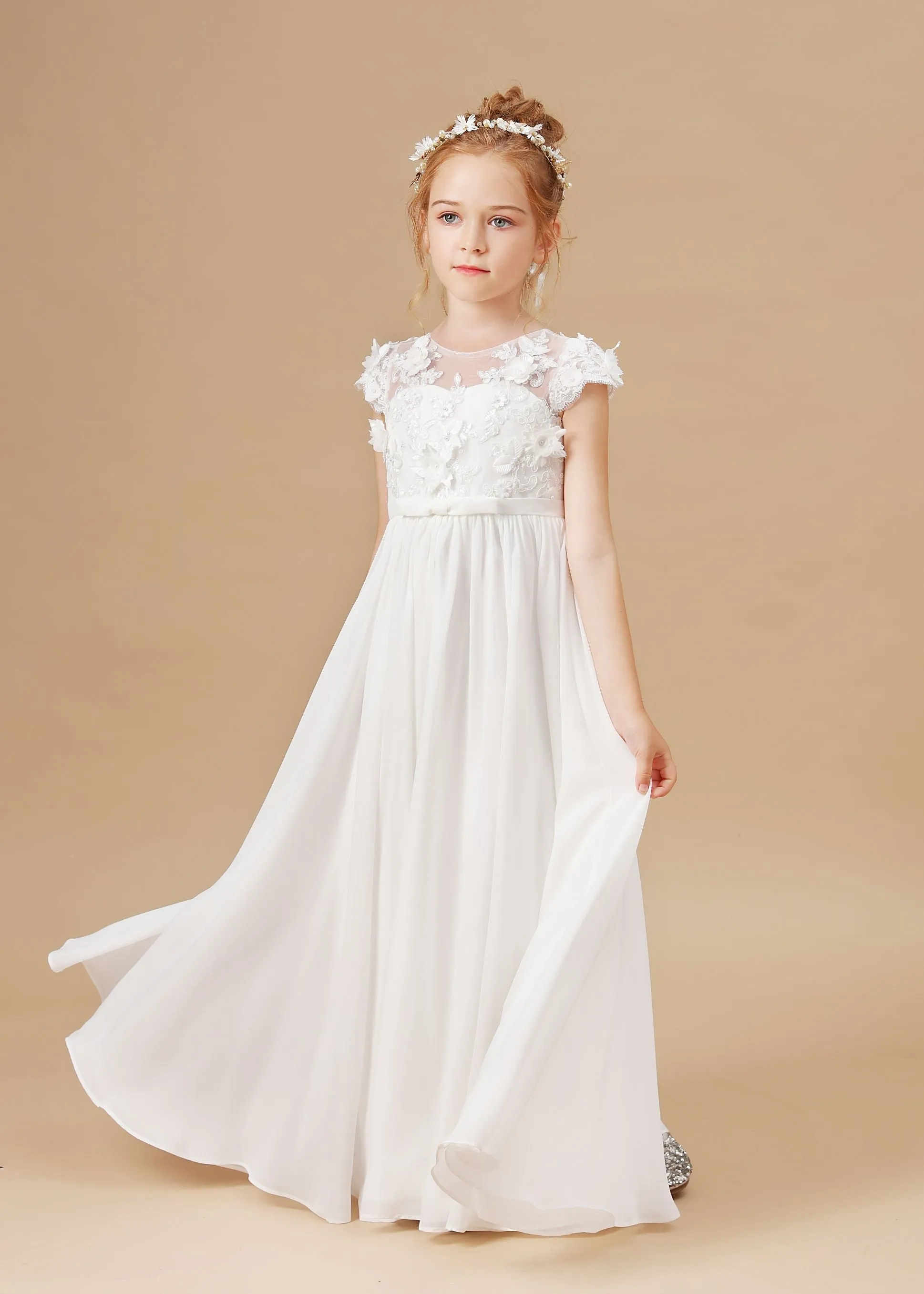 Chiffon A-line Ivory Appliques Long Flower Girl Dress