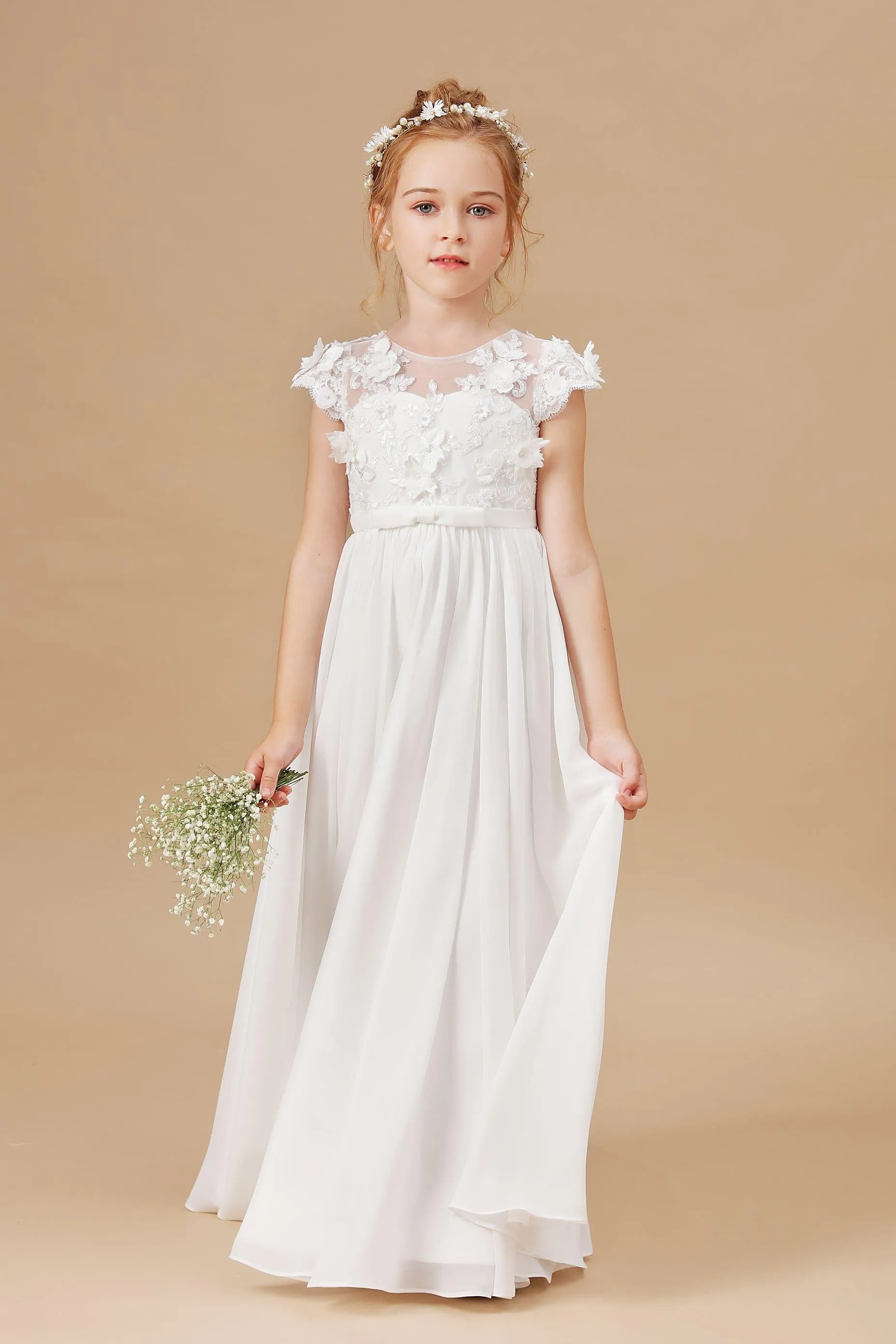 Chiffon A-line Ivory Appliques Long Flower Girl Dress