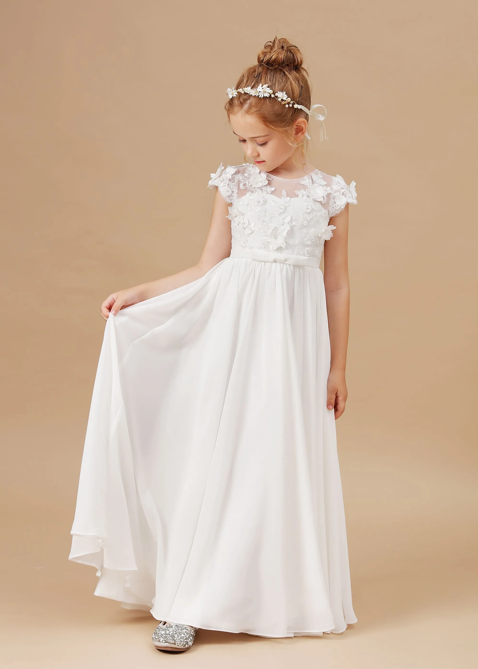 Chiffon A-line Ivory Appliques Long Flower Girl Dress