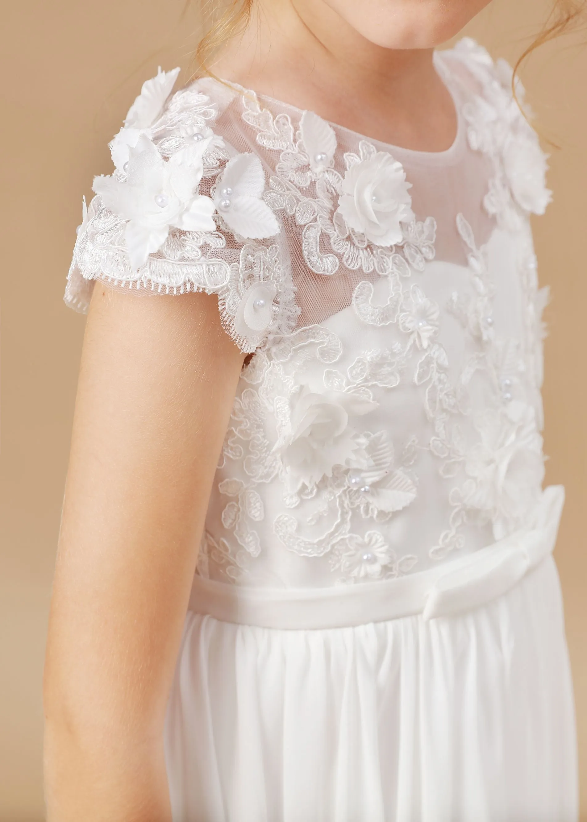 Chiffon A-line Ivory Appliques Long Flower Girl Dress