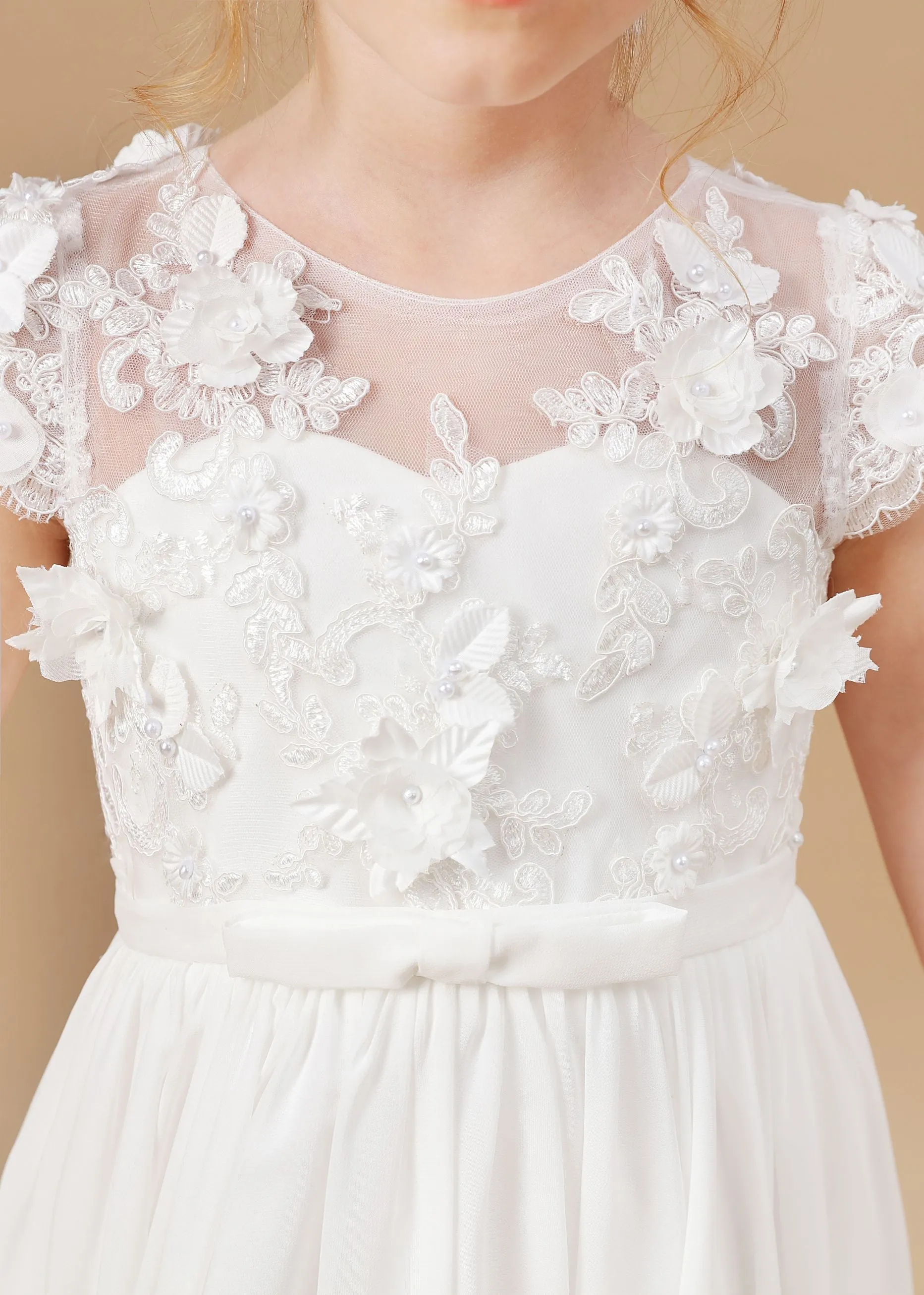 Chiffon A-line Ivory Appliques Long Flower Girl Dress