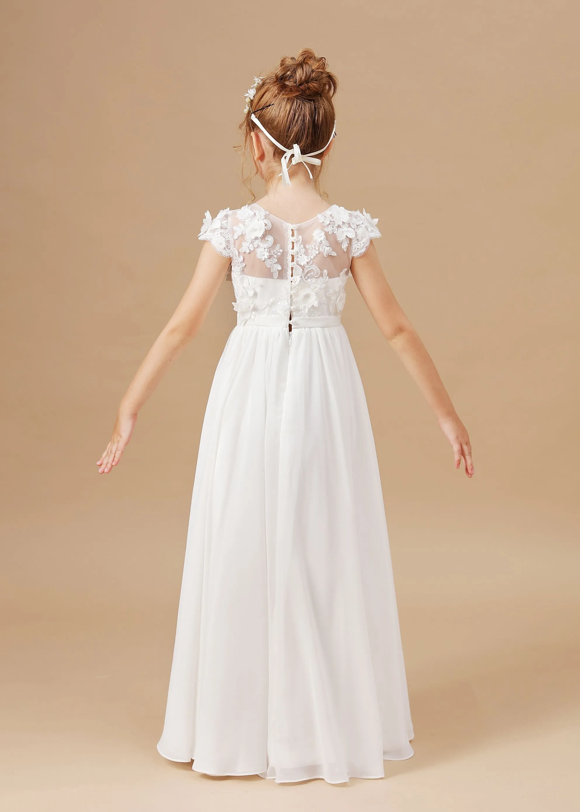 Chiffon A-line Ivory Appliques Long Flower Girl Dress