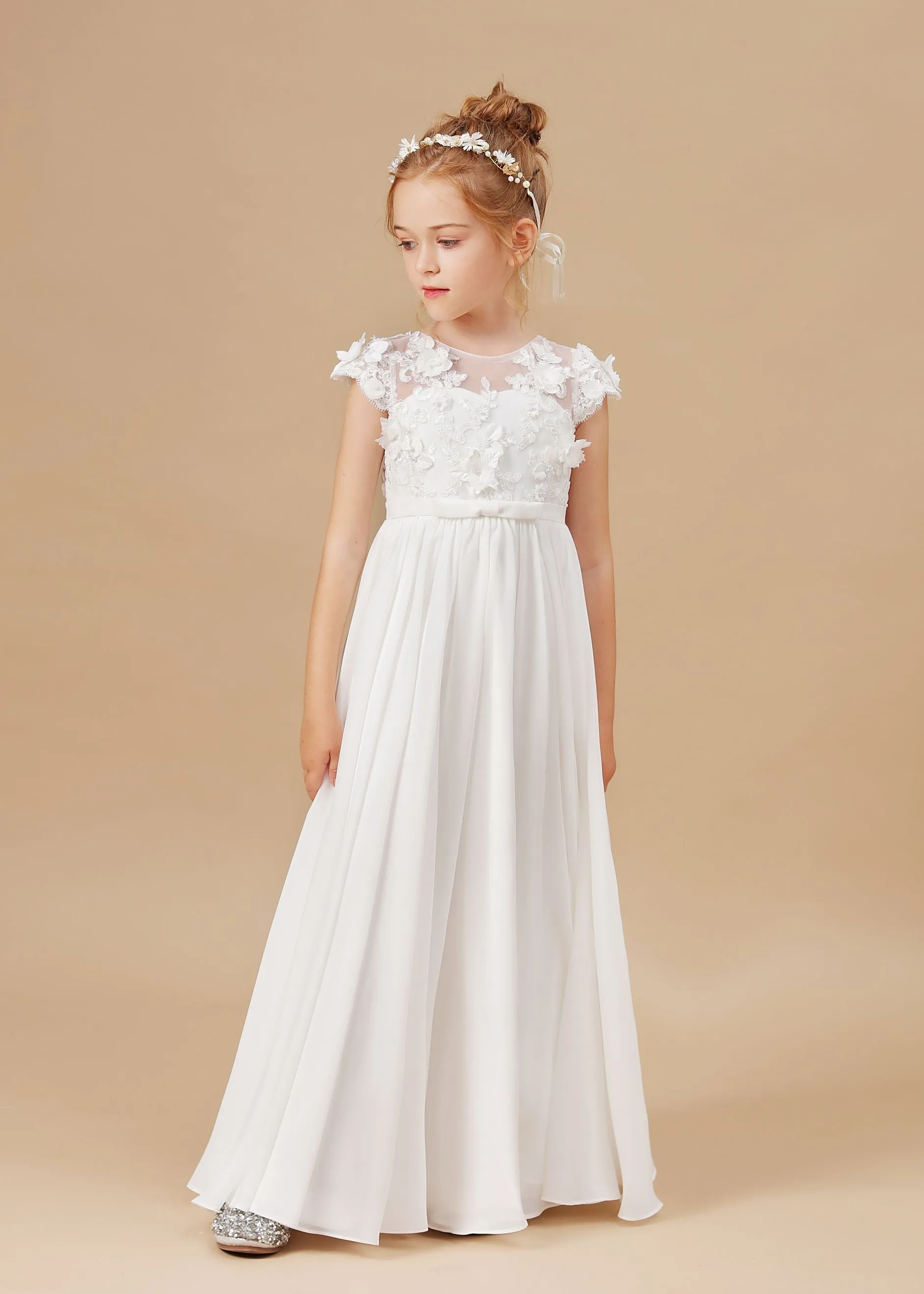 Chiffon A-line Ivory Appliques Long Flower Girl Dress