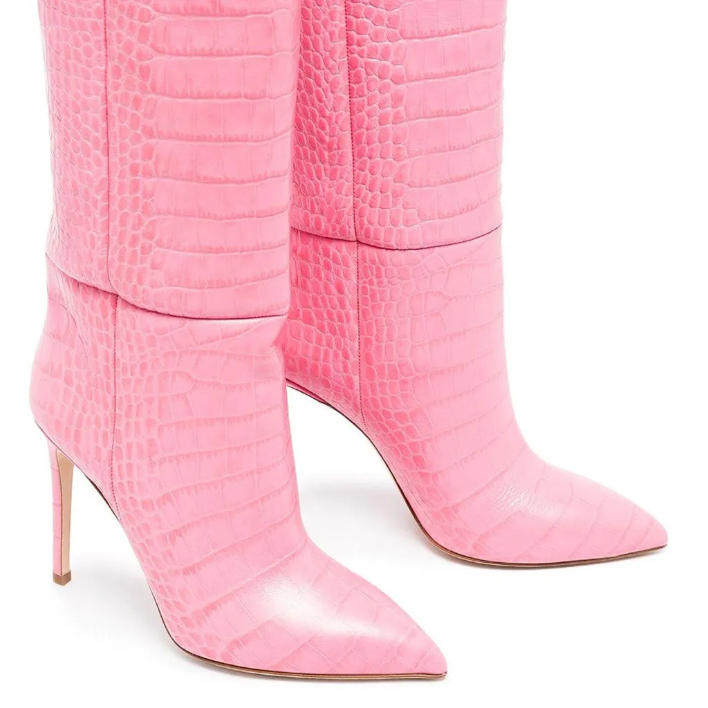 Classy Crocodile Effect Pointed Toe Knee High Stiletto Boots - Pink