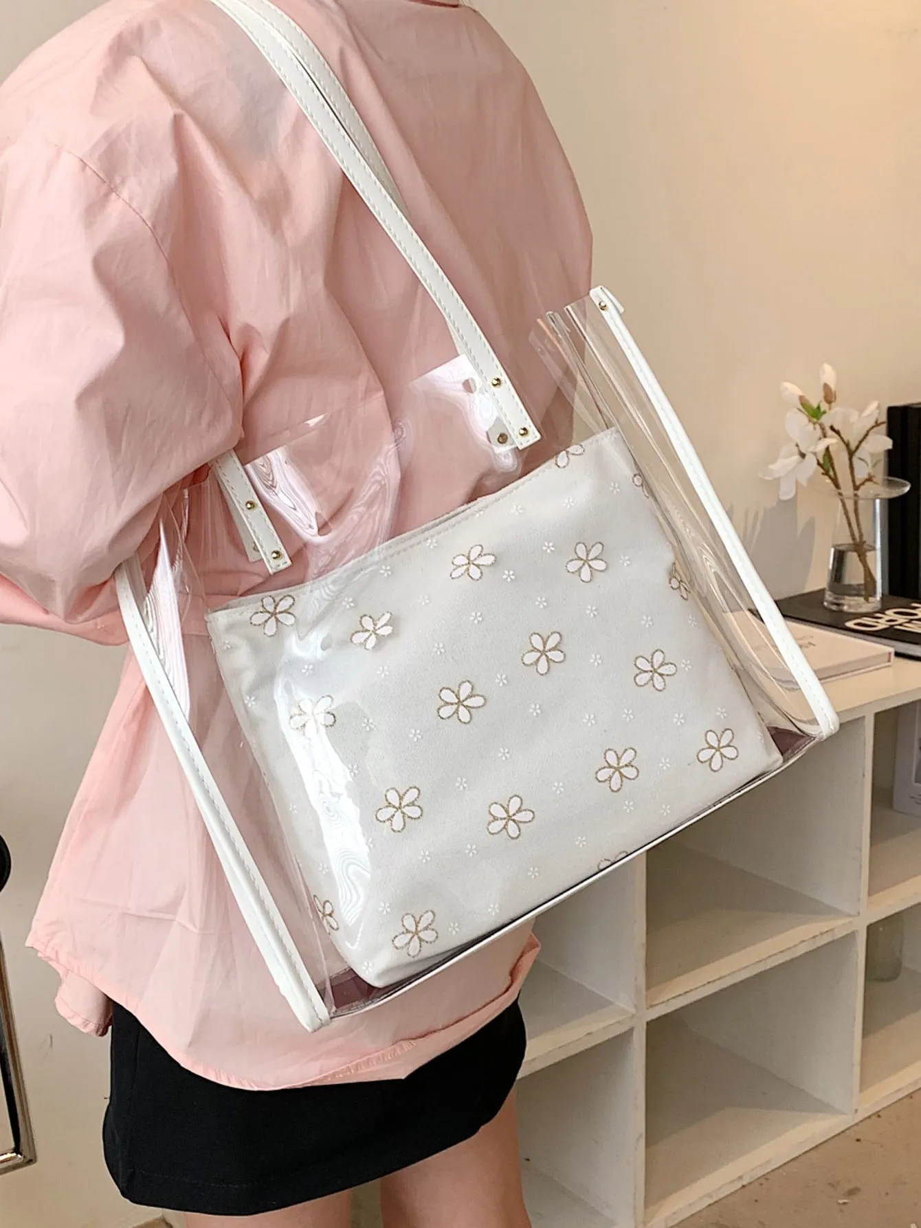 Clear Floral Graphic Tote Bag With Inner Pouch