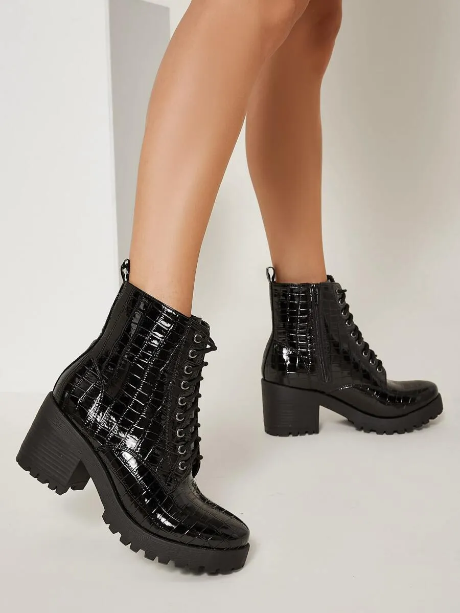 Croc Patent Leather Block Heel Boots